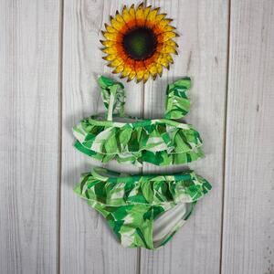 Janie and Jack Baby Girls Green Leaf Print Ruffle Bikini Swimsuit 12 18 Months